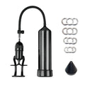 Luvpump penis pump black suction pump with curved hose metallic measurement marks and silver rings for ed aid use