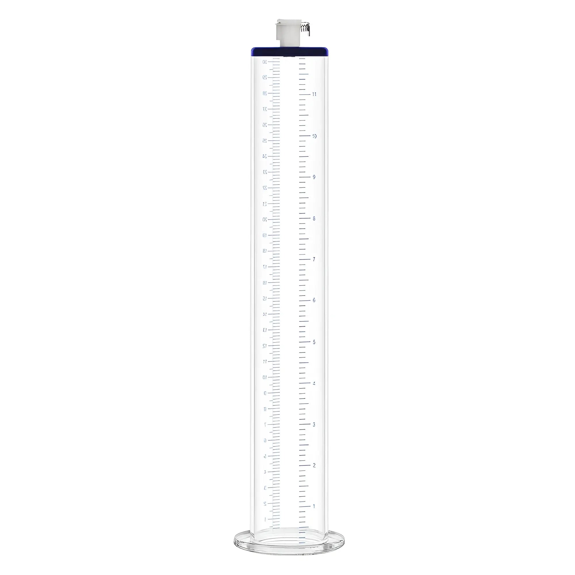 Clear glass graduated cylinder with blue cap and white plunger for luvpump premium penis pump valve 1.75in x 12in