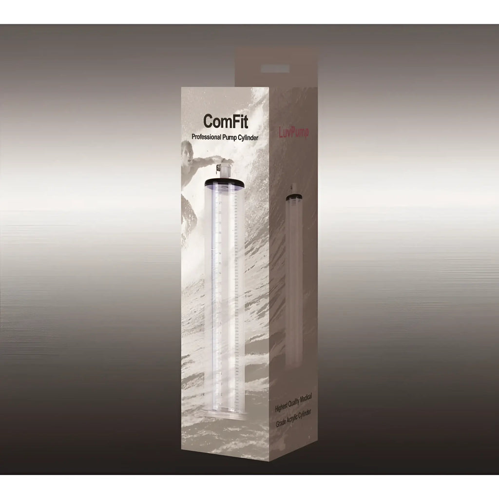 Clear acrylic comfit professional penis pump valve cylinder with black top and measurement markings by LuvPump