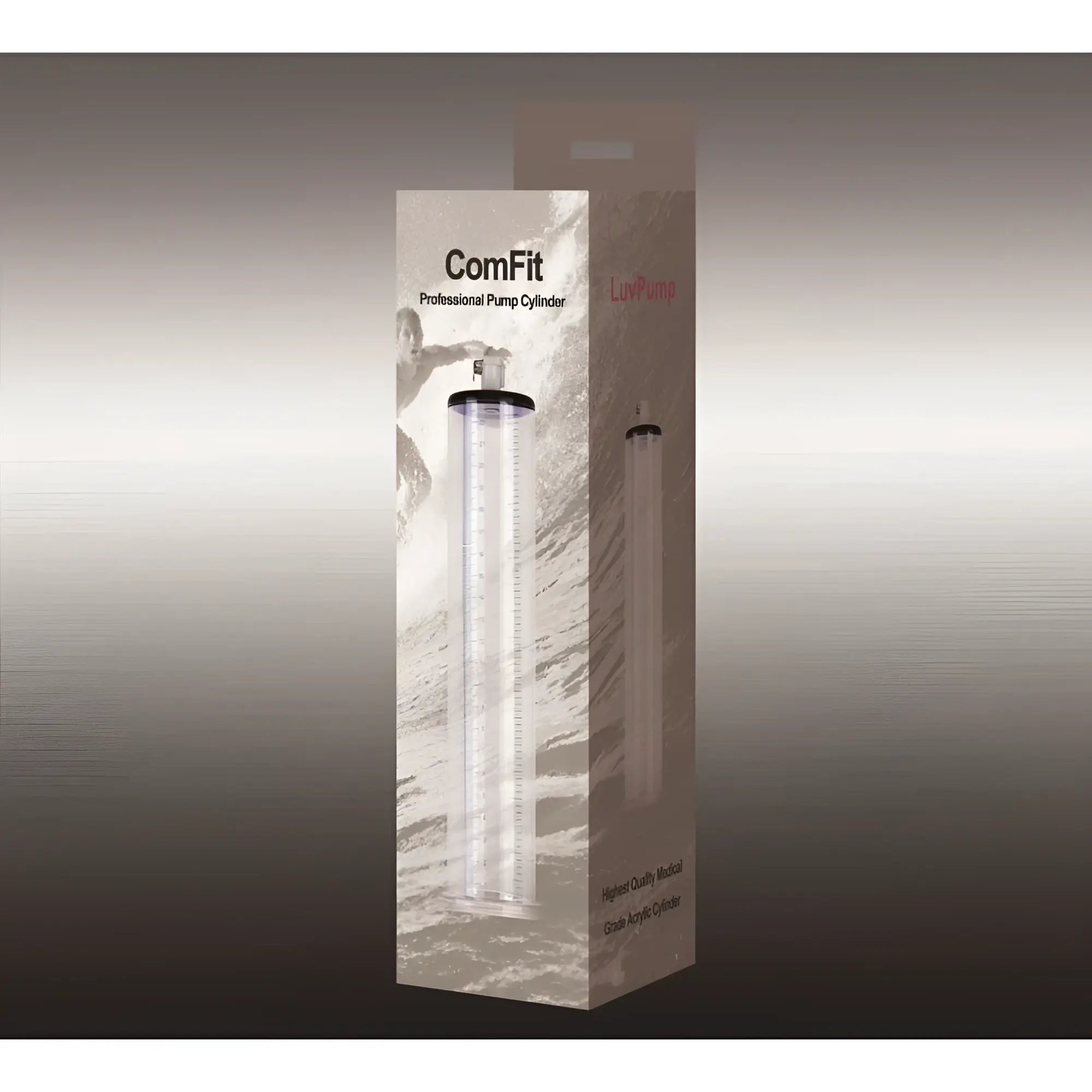 Clear acrylic comfit professional penis pump valve cylinder with black top and measurement markings by LuvPump