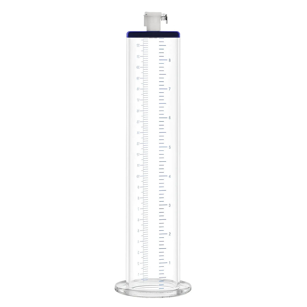 Clear graduated cylinder with blue rim and white stopper for luvpump premium penis pump valve 1.75in x 9in