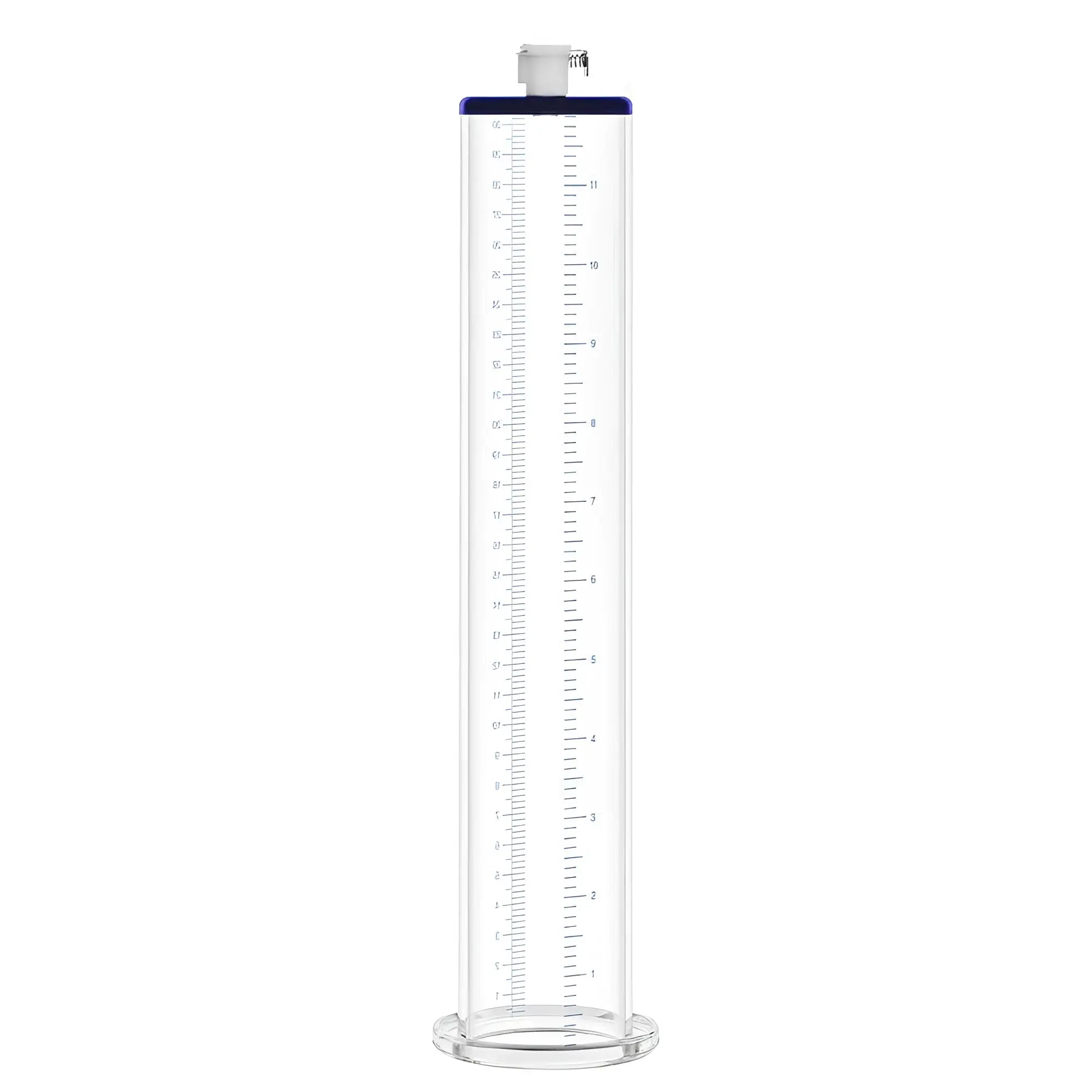 LuvPump premium penis pump valve clear glass graduated cylinder with blue rim and white measurement markings