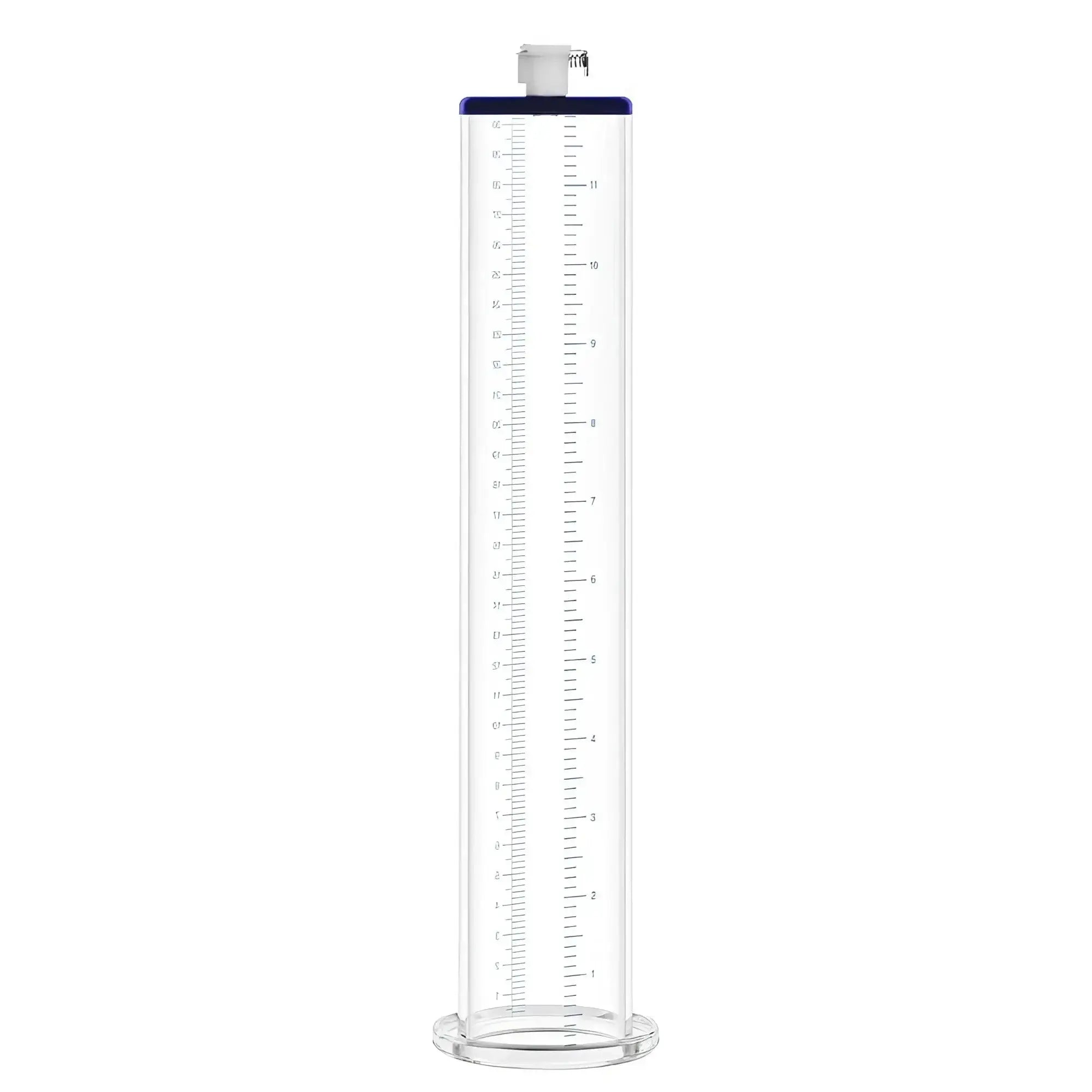 LuvPump premium penis pump valve clear glass graduated cylinder with blue rim and white measurement markings