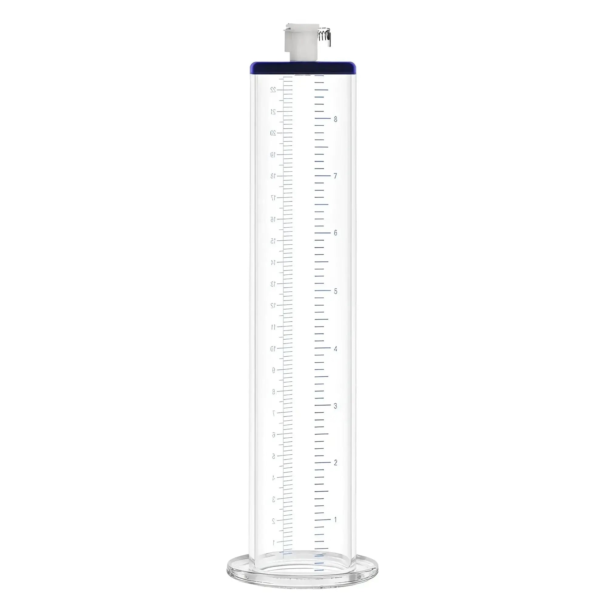 LuvPump premium penis pump valve cylinder clear graduated with blue rim and white plastic stopper 2.0in x 9in