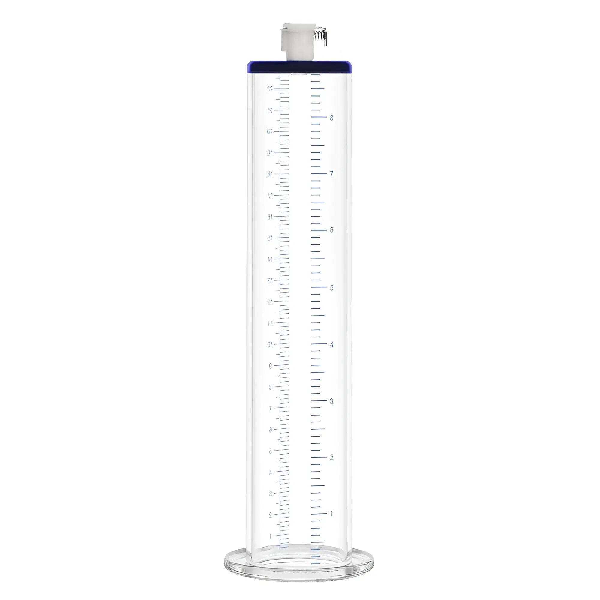 LuvPump premium penis pump valve cylinder clear graduated with blue rim and white plastic stopper 2.0in x 9in