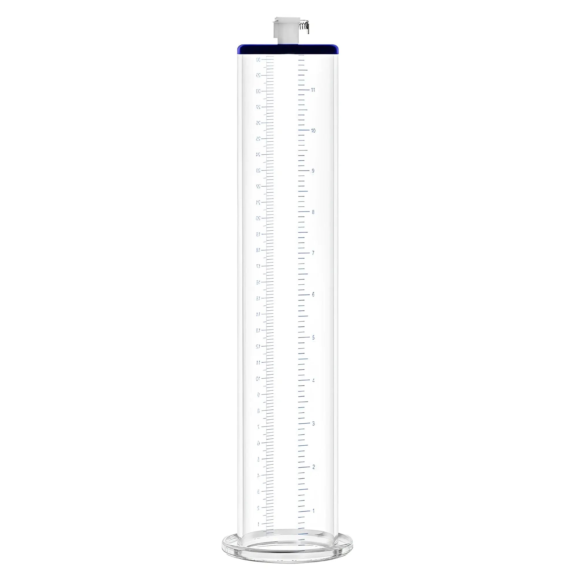 LuvPump premium penis pump valve cylinder made of clear glass with blue rim and white measurement markings 2.25in x 12in