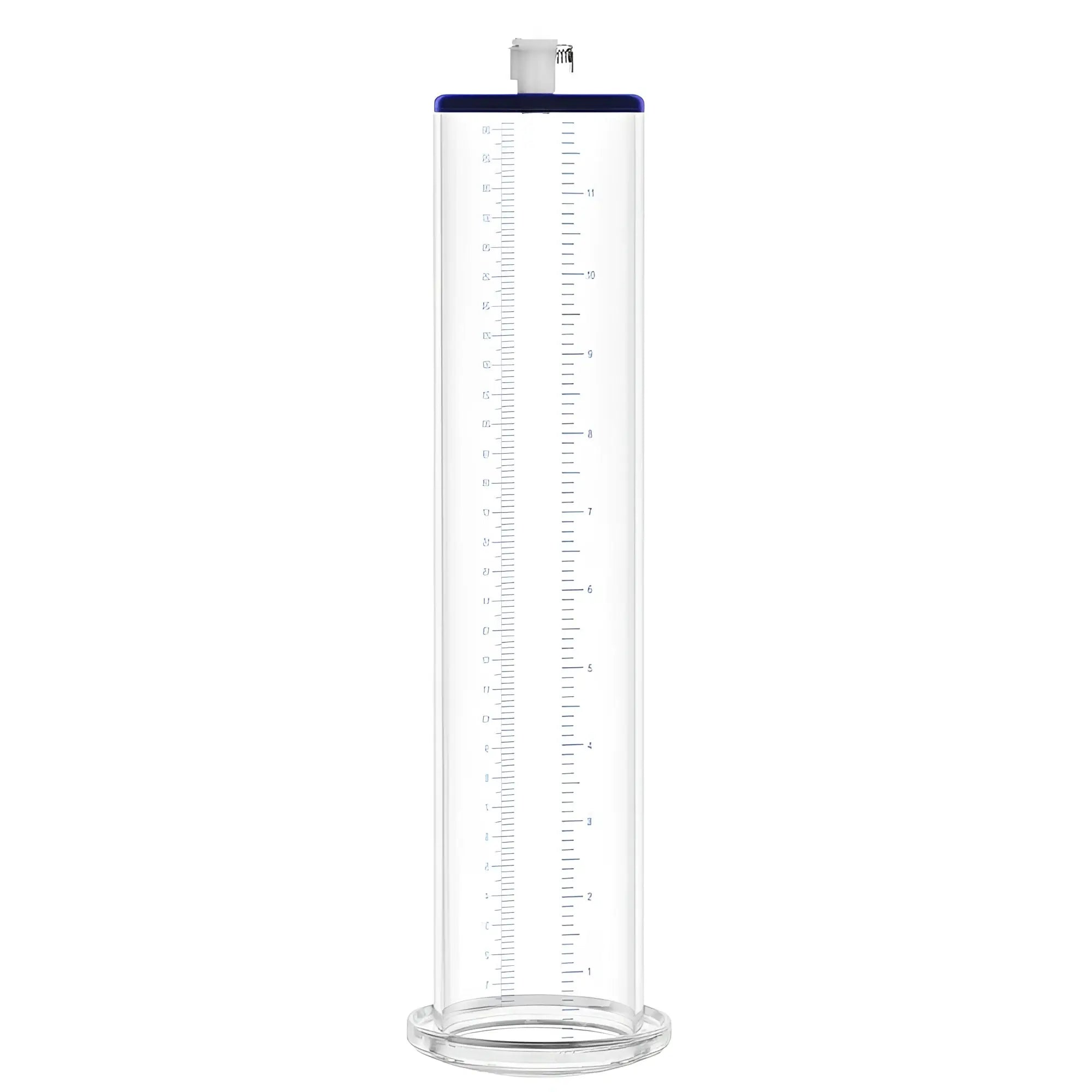 LuvPump premium penis pump valve cylinder made of transparent glass with blue rim and white plastic plunger