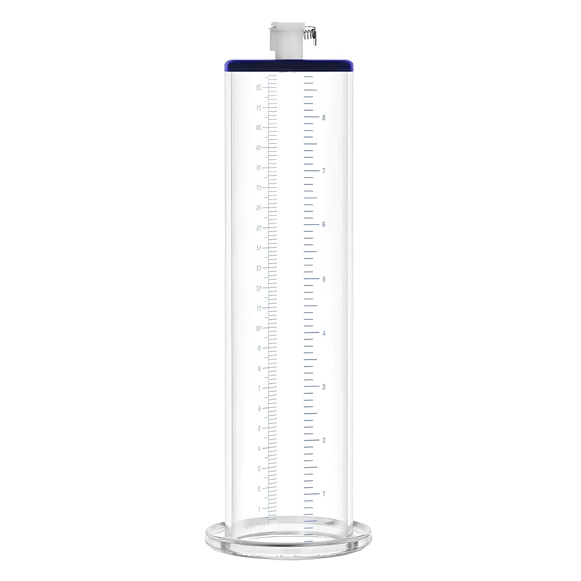 LuvPump premium penis pump valve cylinder made of clear glass with blue plastic lid and base marked in milliliters