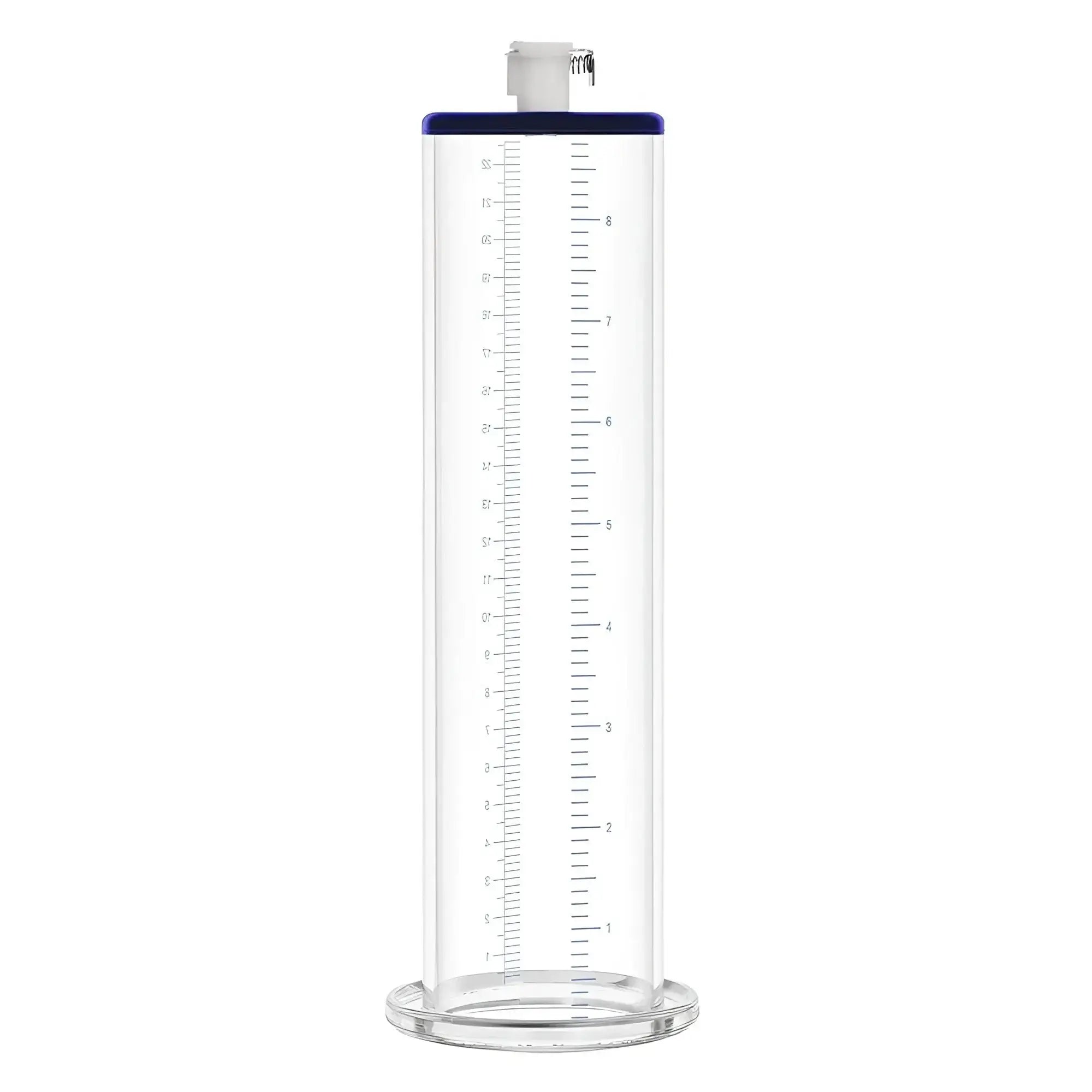 LuvPump premium penis pump valve cylinder made of clear glass with blue plastic lid and base marked in milliliters