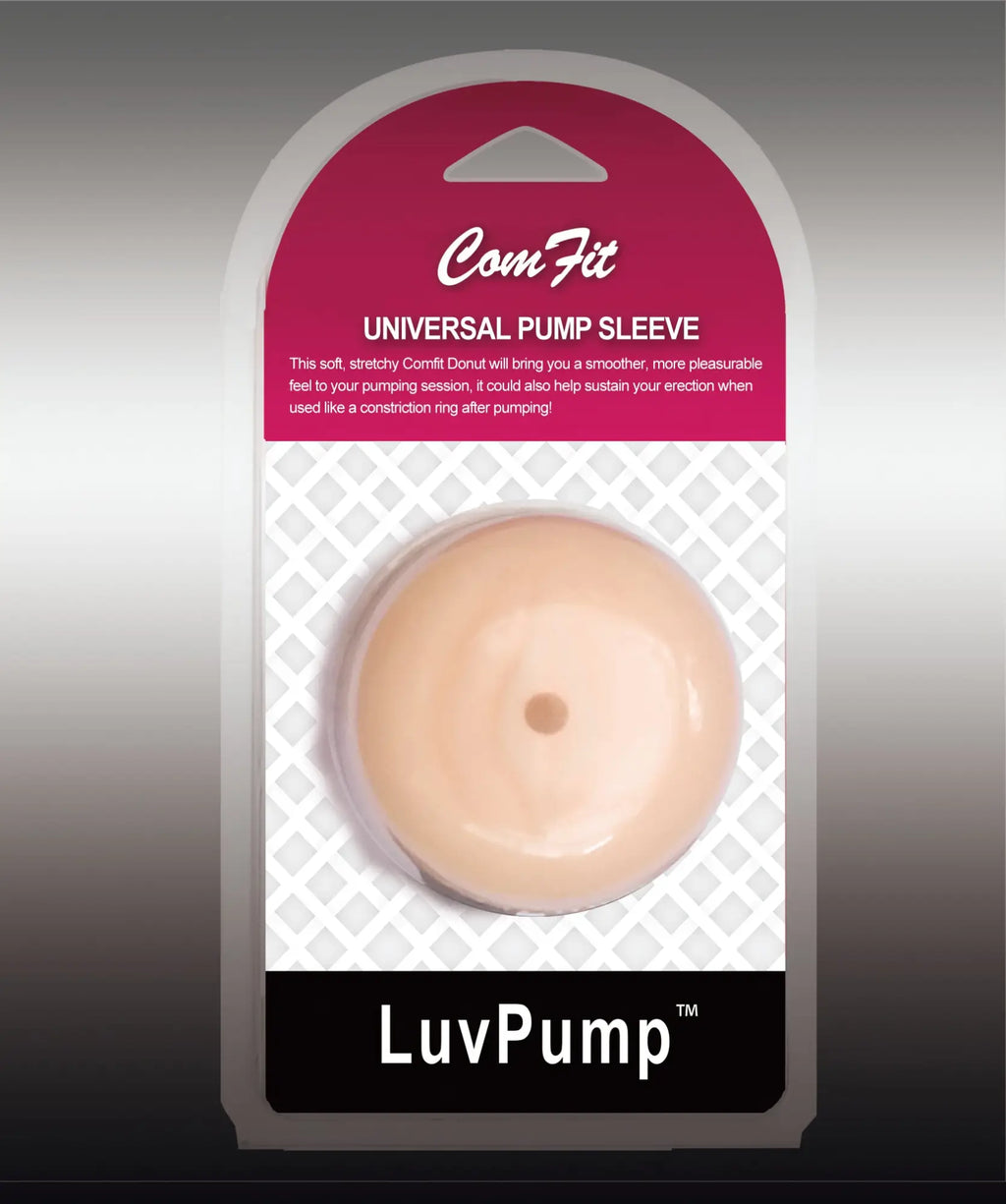 Beige soft stretchy comfit universal pump sleeve in clear packaging for luvpump pussy donut pump cylinder