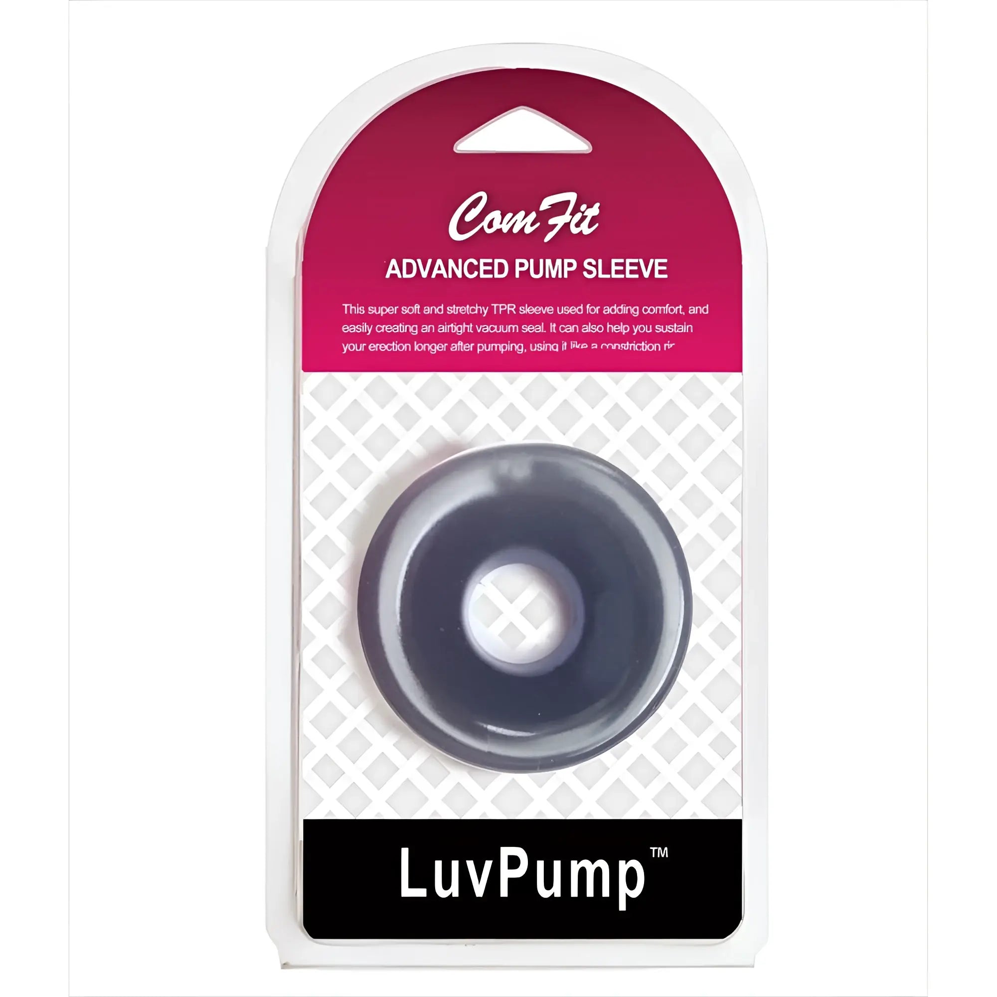 Black comfit advanced pump sleeve in clear plastic packaging for luvpump silicone donut cushion 2.35in to 2.6in diameter