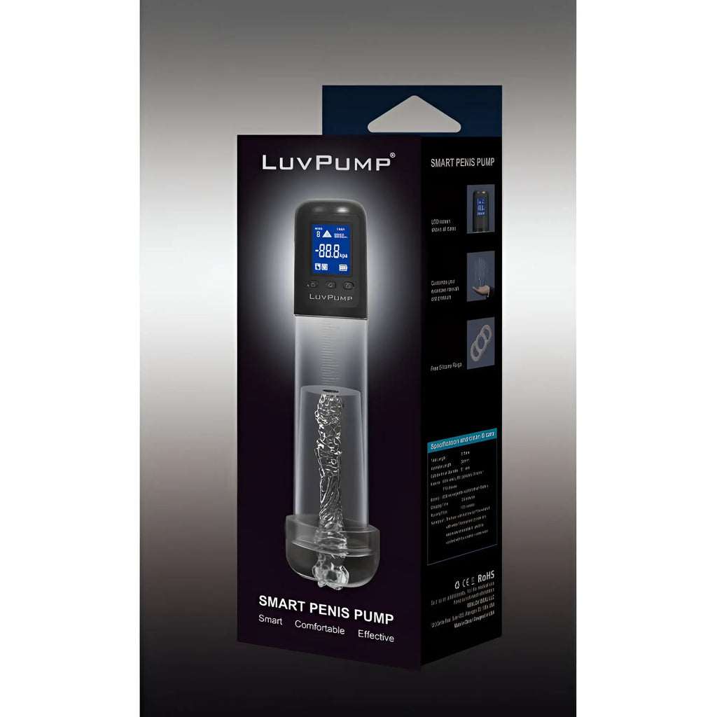 LuvPump smart rechargeable LCD penis pump with black digital display and transparent cylindrical body with sleeve and donut