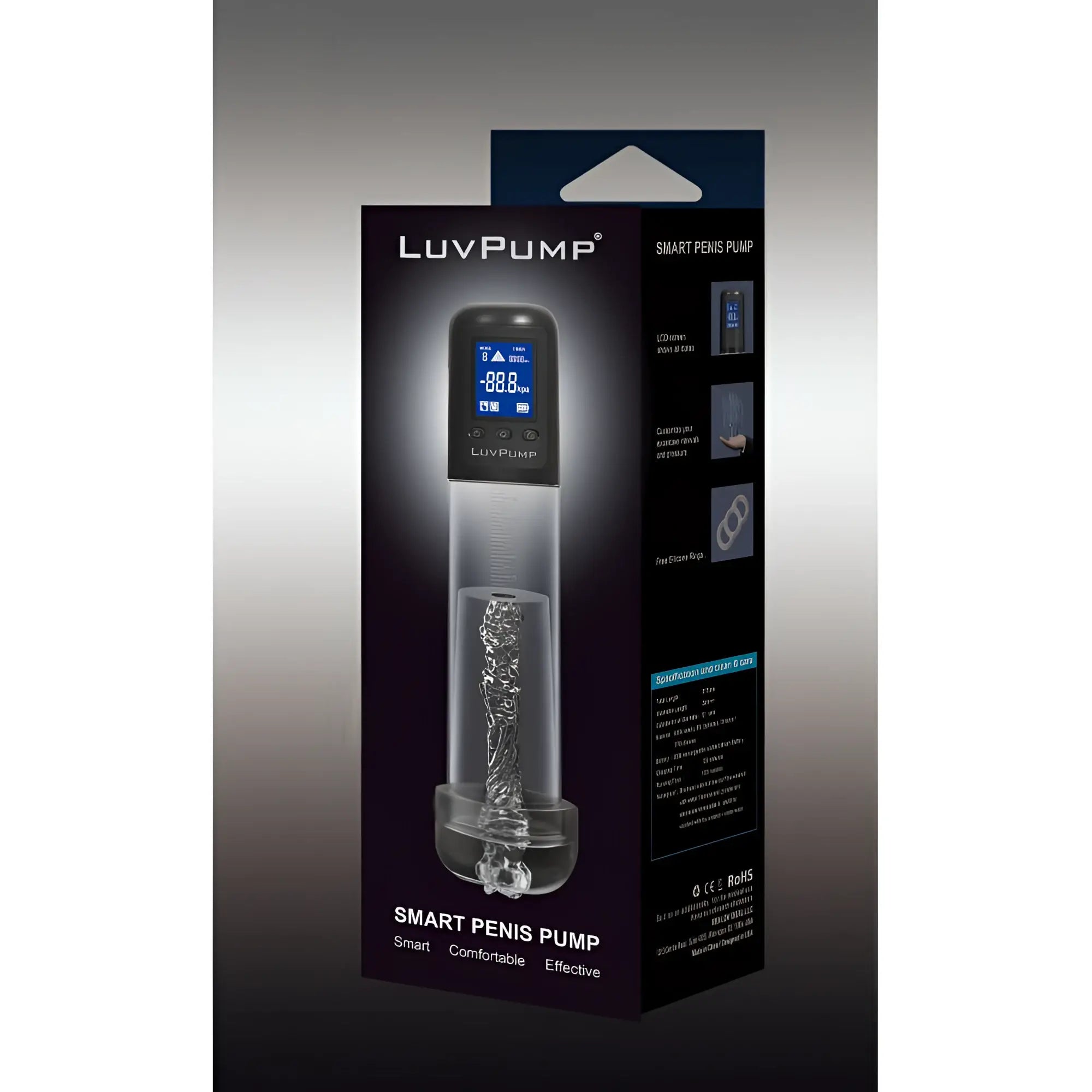 LuvPump smart rechargeable LCD penis pump with black digital display and transparent cylindrical body with sleeve and donut
