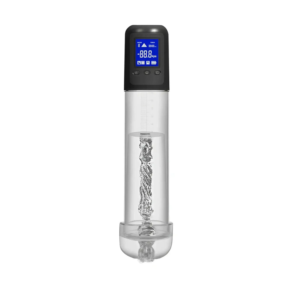 LuvPump smart rechargeable transparent cylinder penis pump with black digital LCD showing negative pressure