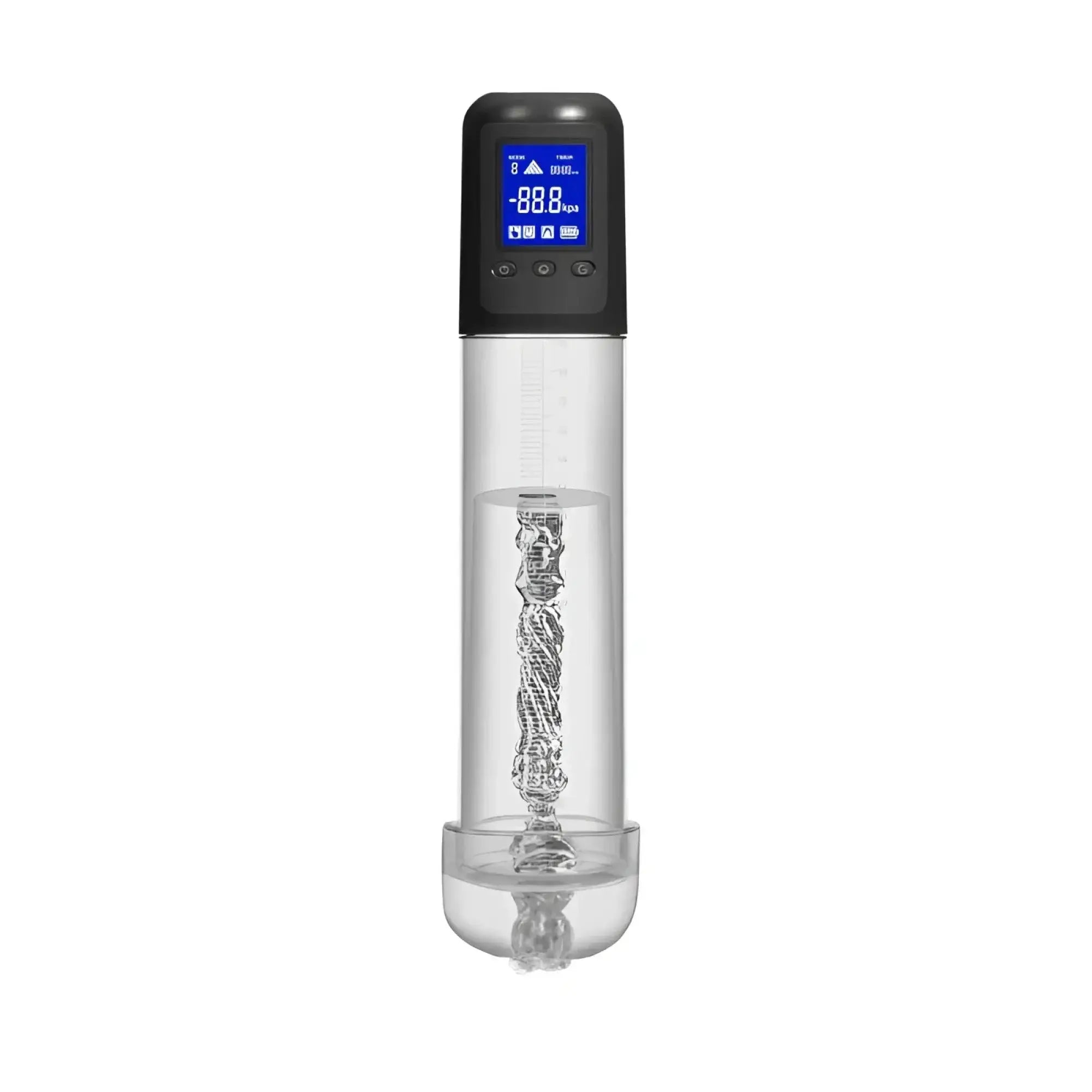 LuvPump smart rechargeable transparent cylinder penis pump with black digital LCD showing negative pressure