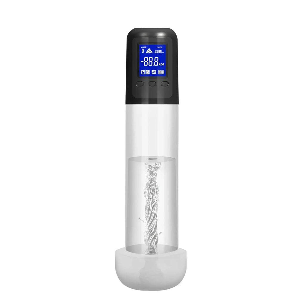 LuvPump smart rechargeable lcd penis pump with transparent cylinder black digital display and silver spiral mechanism