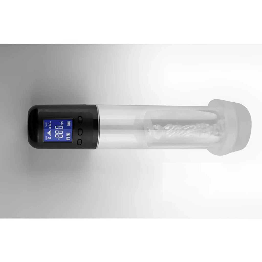 Luvpump smart rechargeable lcd penis pump with transparent cylindrical body black digital display and frosted cap