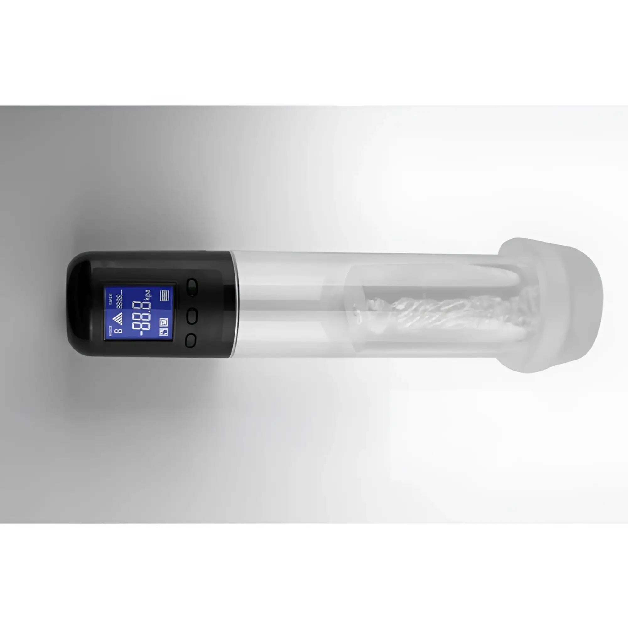 Luvpump smart rechargeable lcd penis pump with transparent cylindrical body black digital display and frosted cap