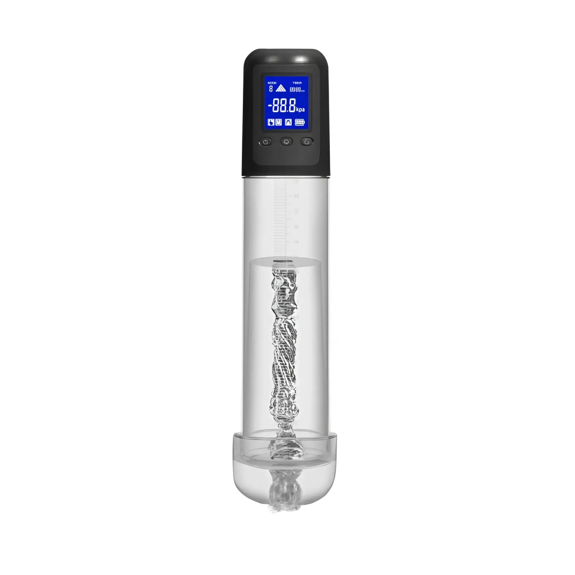 LuvPump smart rechargeable transparent cylinder penis pump with black digital lcd showing negative pressure and spiral mechanism