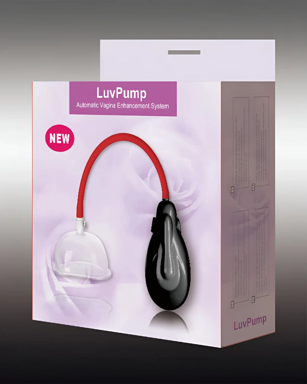 Luvpump vagina pump auto in black and clear plastic with red tube for automatic vaginal enhancement system use