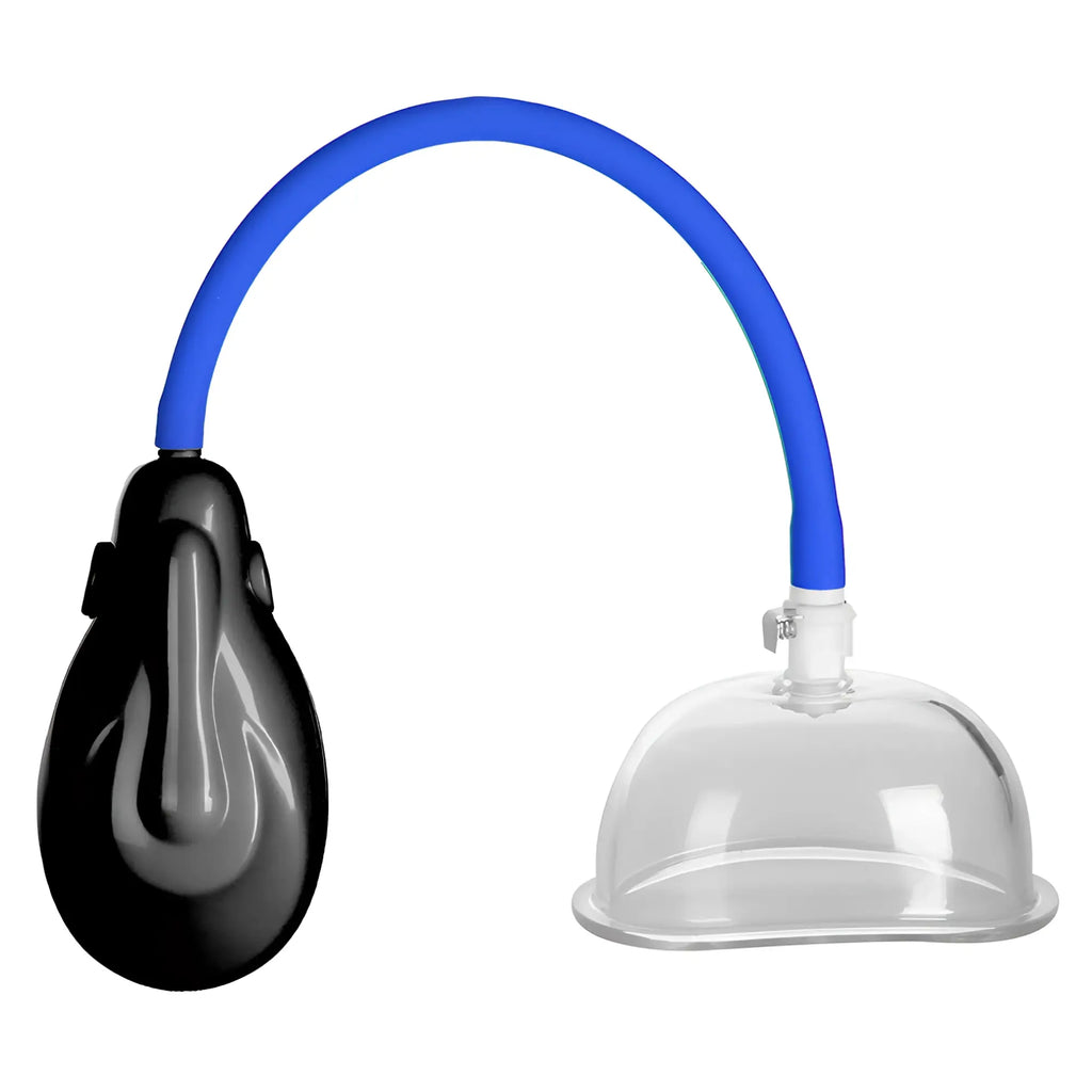 LuvPump vagina pump auto black and transparent suction cup device with blue flexible tube connecting both parts