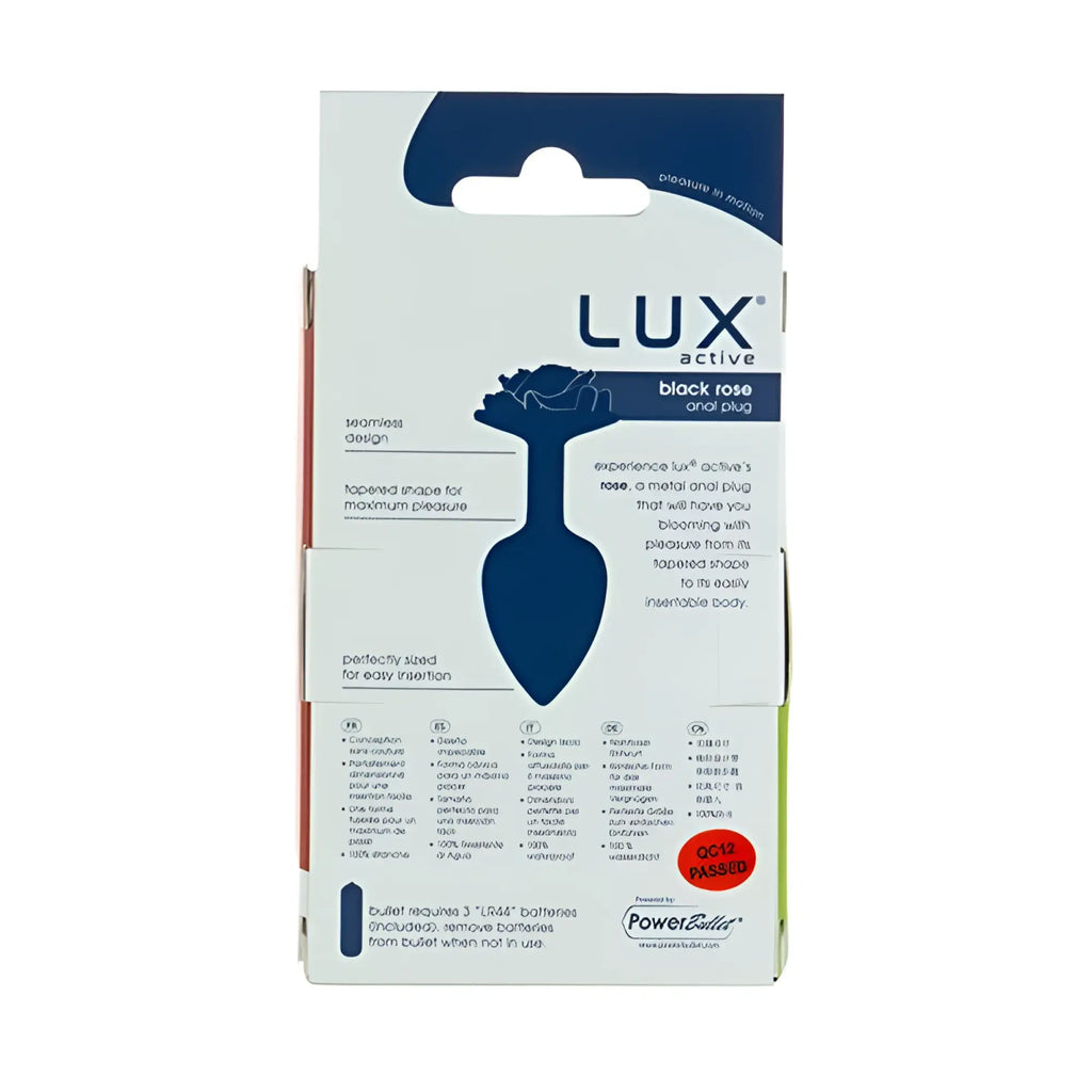 Lux active black rose 3in metal butt plug with tapered bulbous design in navy blue packaging for easy insertion