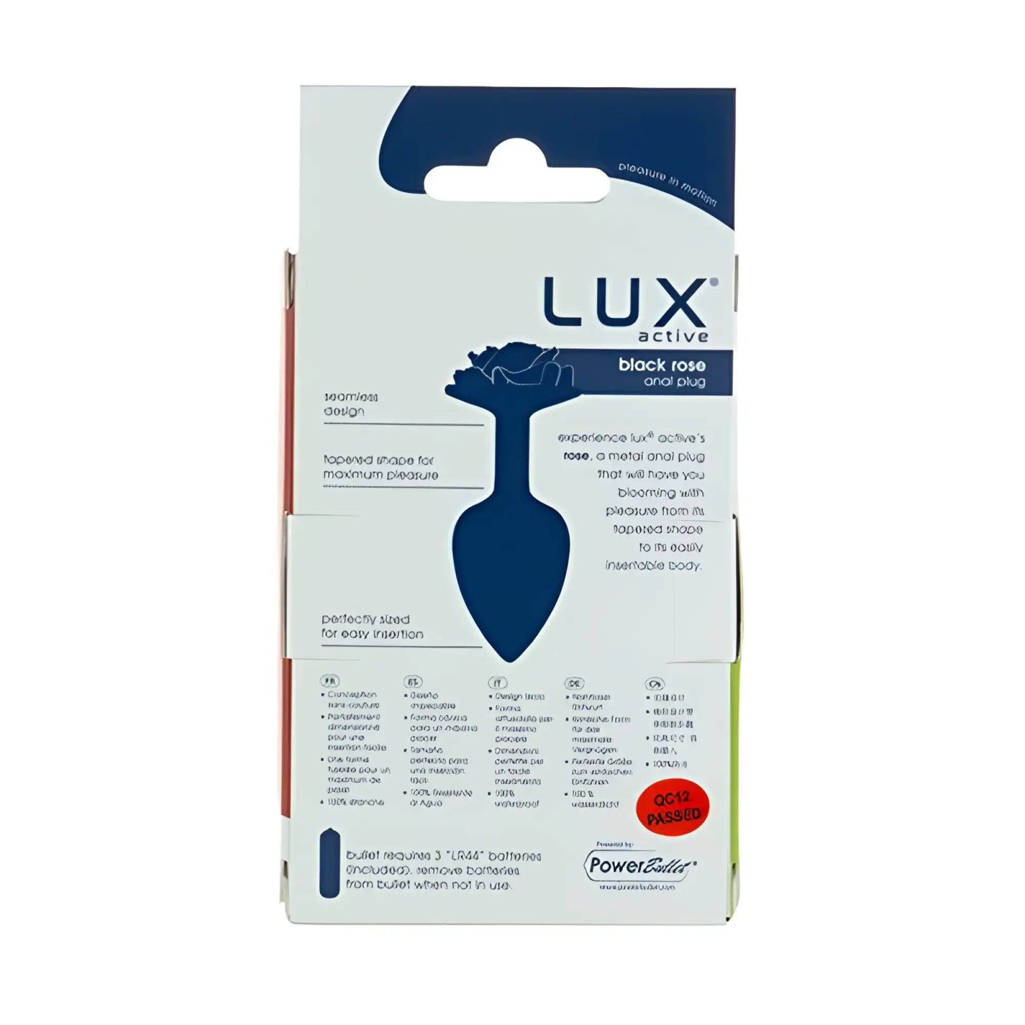 Lux active black rose 3in metal butt plug with tapered bulbous design in navy blue packaging for easy insertion