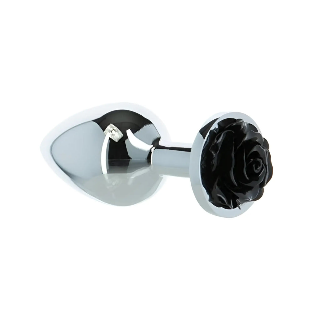 Chrome-plated black rose design metal butt plug with diamond accent luxury 3 inch LUX Active model
