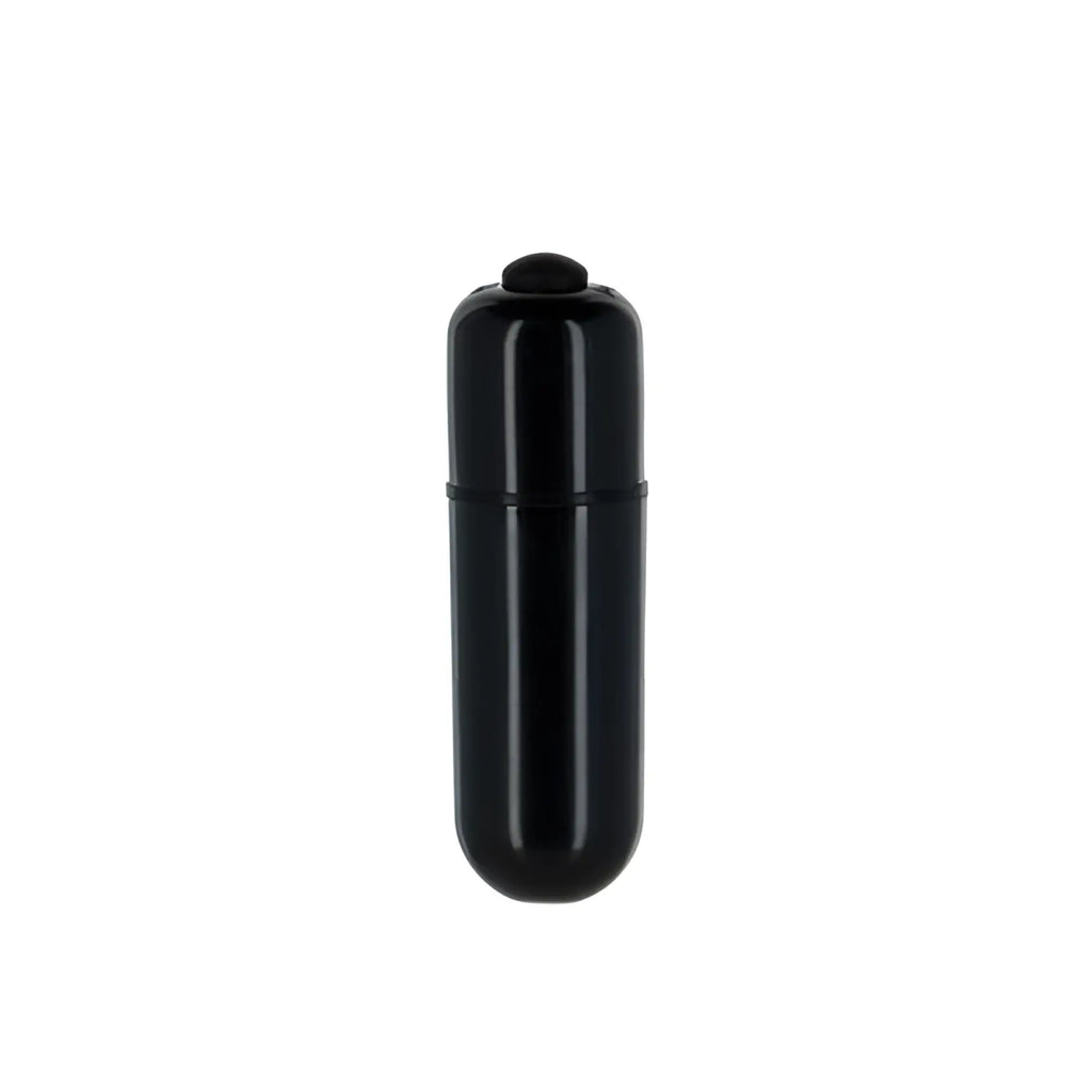 Black glossy plastic cylindrical vibrator with rounded top cap for lux active black rose 3in metal butt plug