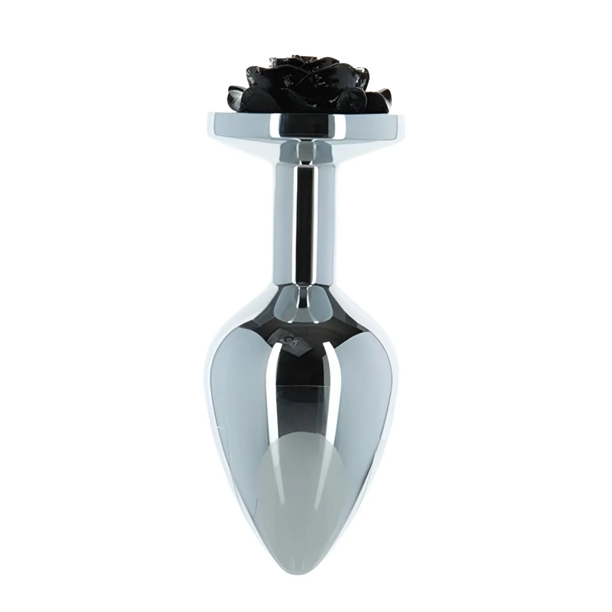 A sleek chrome 3 inch metal anal plug with a detailed black rose atop the stem lux active black rose