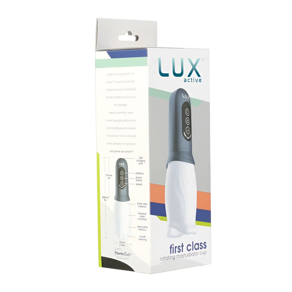 Lux active first class rotating masturbator cup in white and gray with textured grip handle and control buttons on top