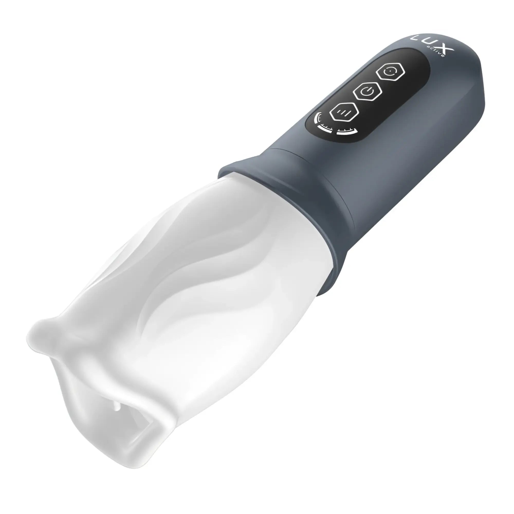 Dark gray lux active first class rotating masturbator cup with a translucent white wave-patterned silicone head