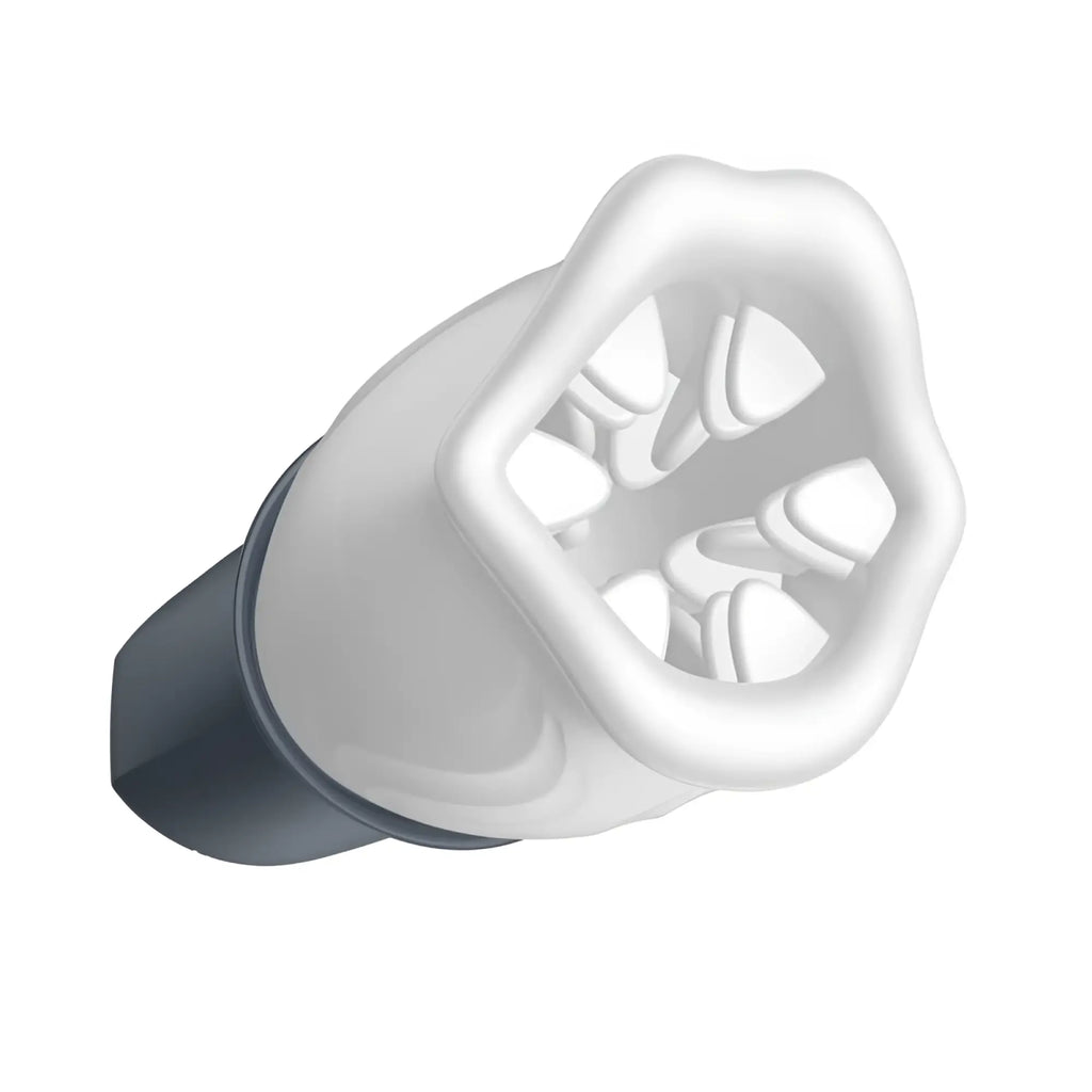 White plastic dental impression tray with dark gray base and hexagonal top with triangular cutouts for lux active masturbator cup
