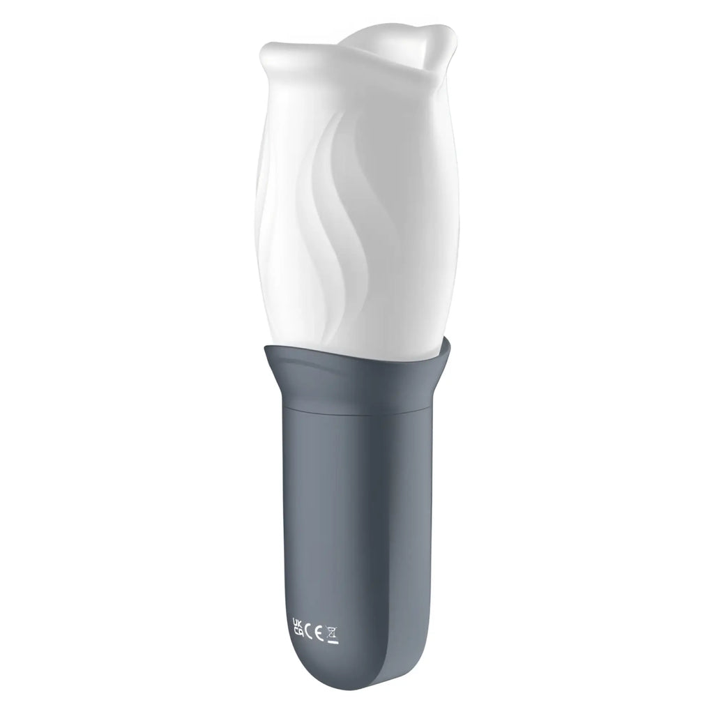 White rose-shaped silicone vibrator with matte gray base for the lux active first class rotating masturbator cup