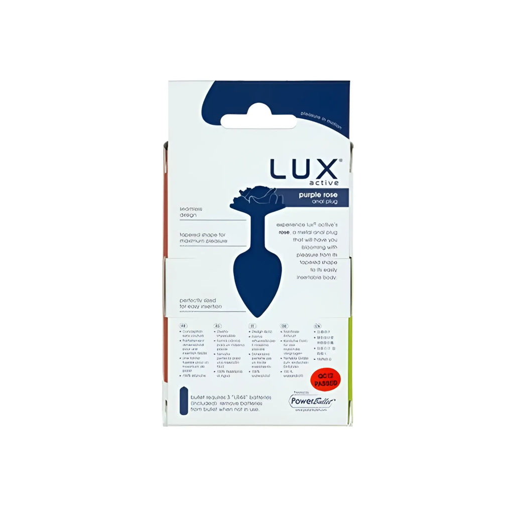 Lux active purple rose 3in metal butt plug in sleek blue and white packaging for comfortable anal use