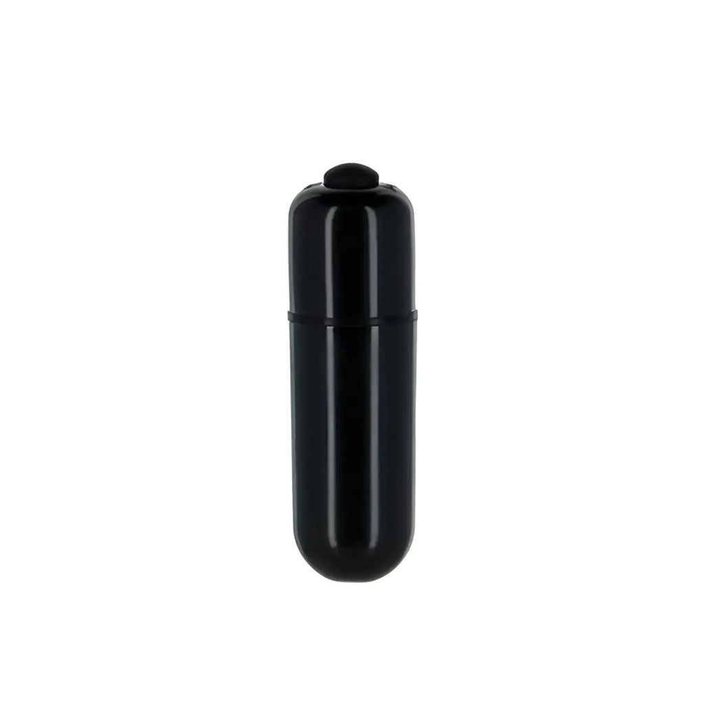Black glossy plastic cylindrical vibrator with rounded top cap shown from the back.