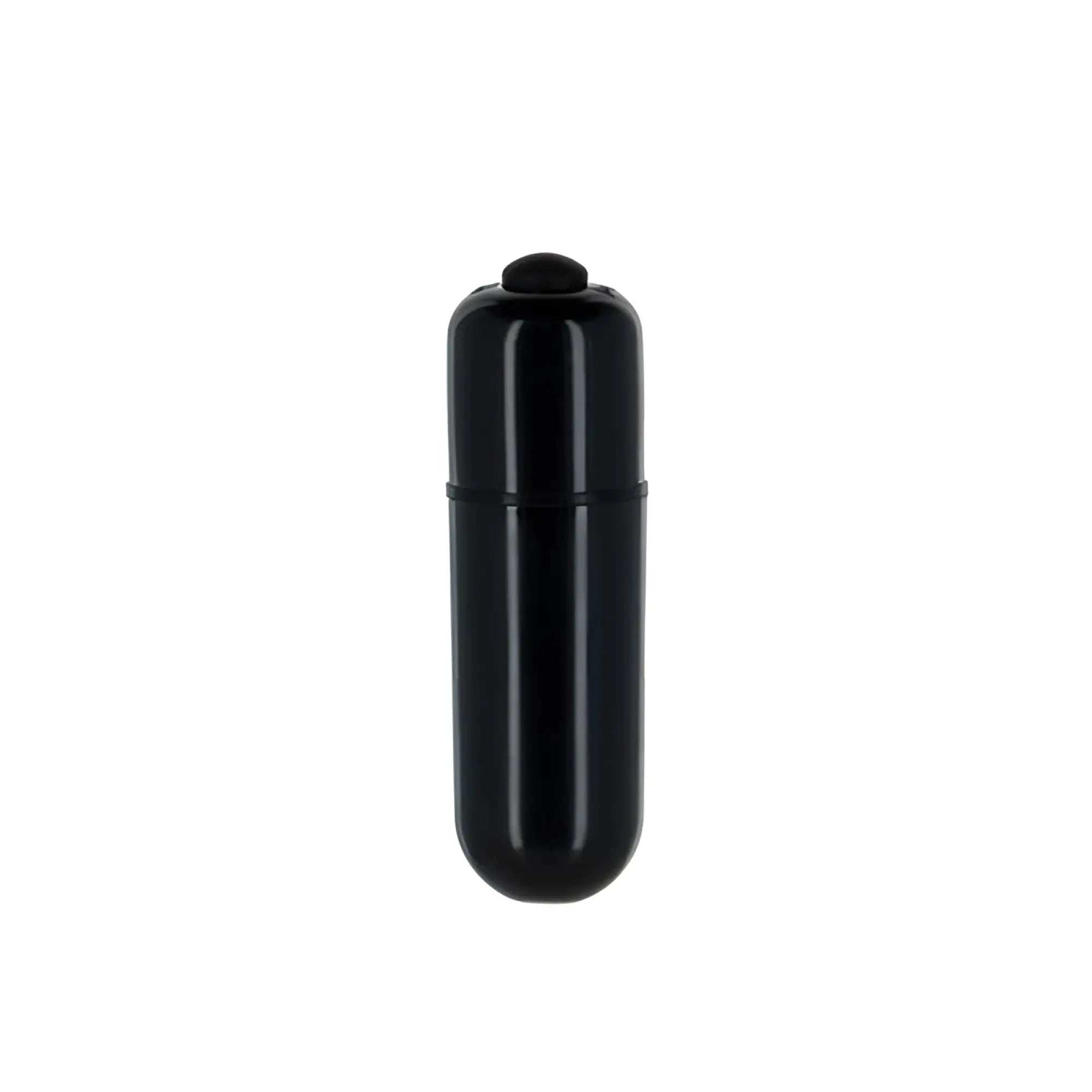 Black glossy plastic cylindrical vibrator with rounded top cap shown from the back for lux active purple rose 3in metal butt plug
