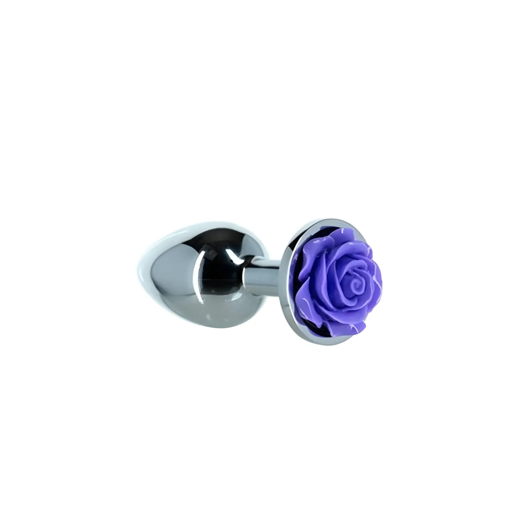 A sleek chrome 3 inch metal anal plug with a detailed purple rose accent on its rounded head