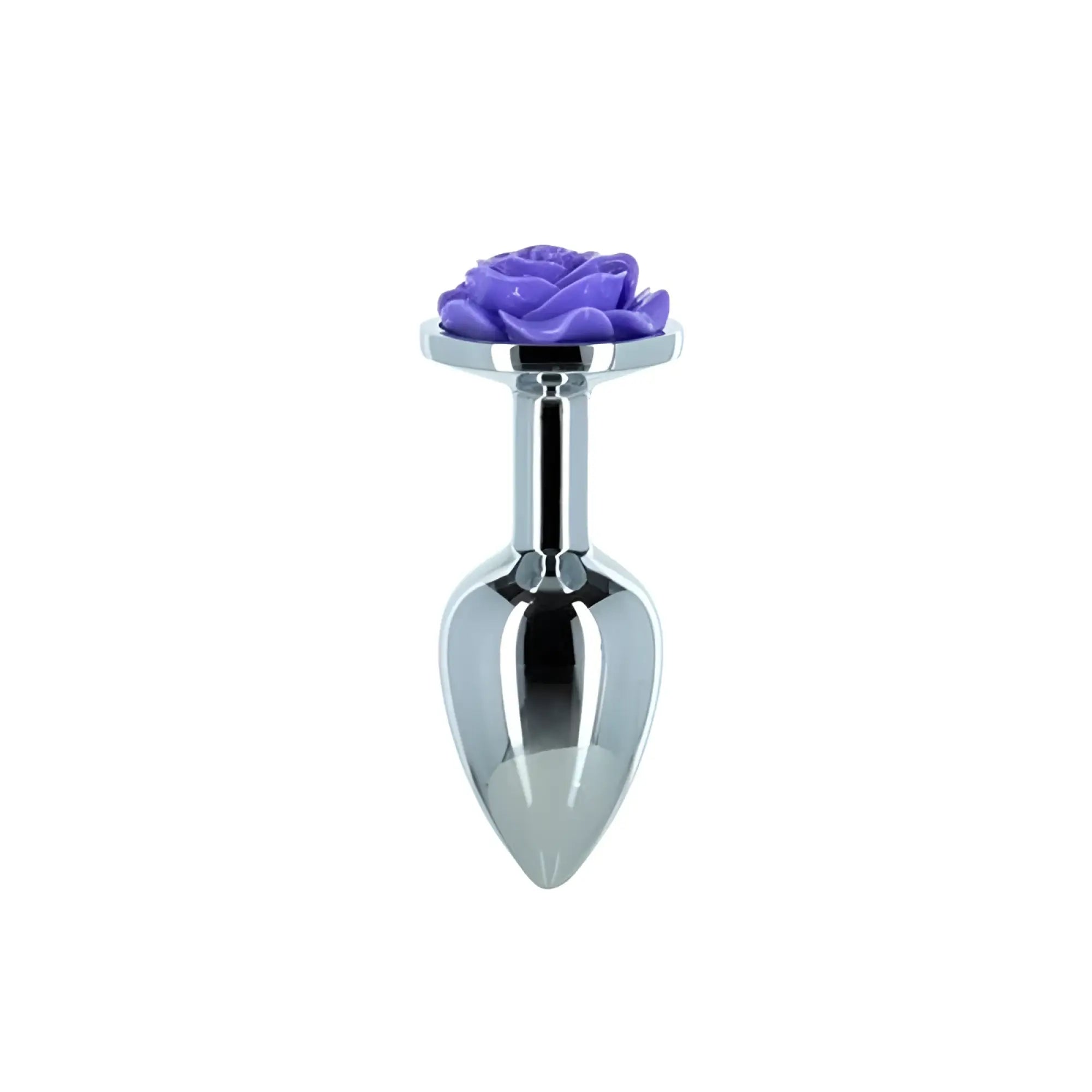 A sleek chrome metal butt plug with a detailed purple rose top called lux active purple rose 3in anal plug