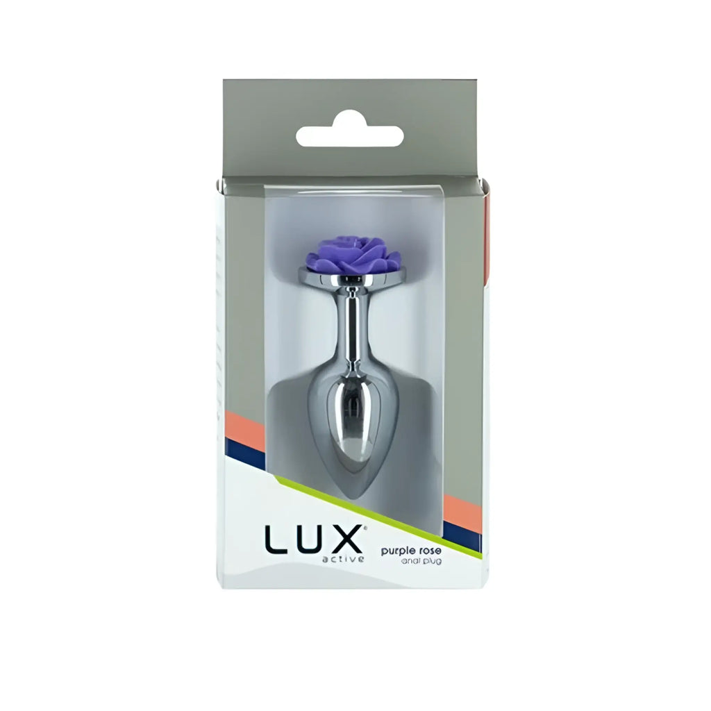 A sleek silver metal anal plug featuring a detailed purple rose design on top from lux active purple rose 3in line
