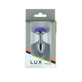A sleek silver metal anal plug featuring a detailed purple rose design on top from lux active purple rose 3in line