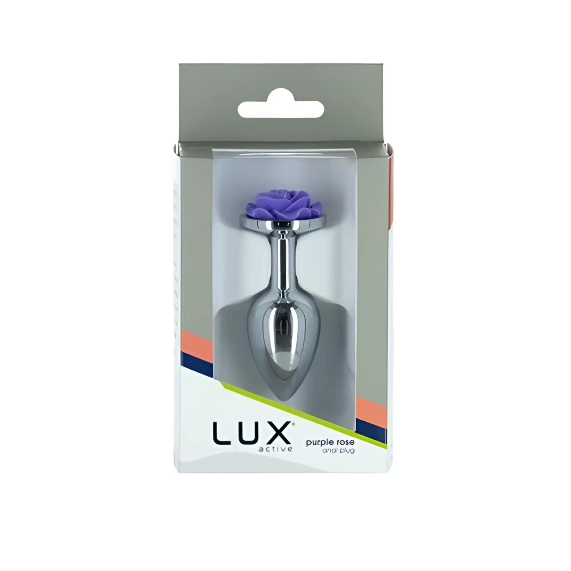 A sleek silver metal anal plug featuring a detailed purple rose design on top from lux active purple rose 3in line