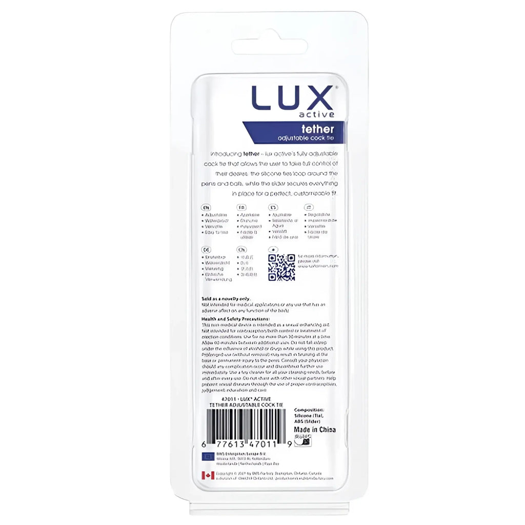 Lux active tether adjustable cock tie in clear plastic packaging showing key features and material