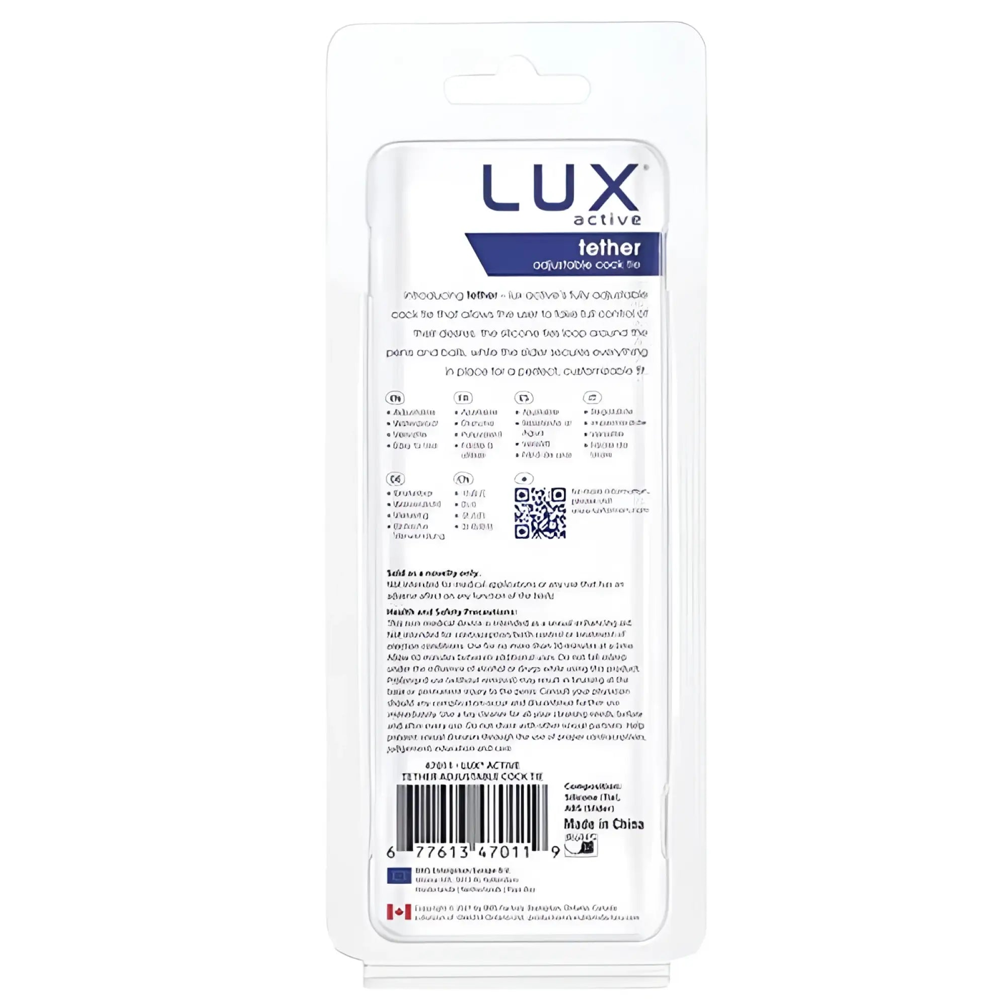 Lux active tether adjustable cock tie in clear plastic packaging showing key features and material