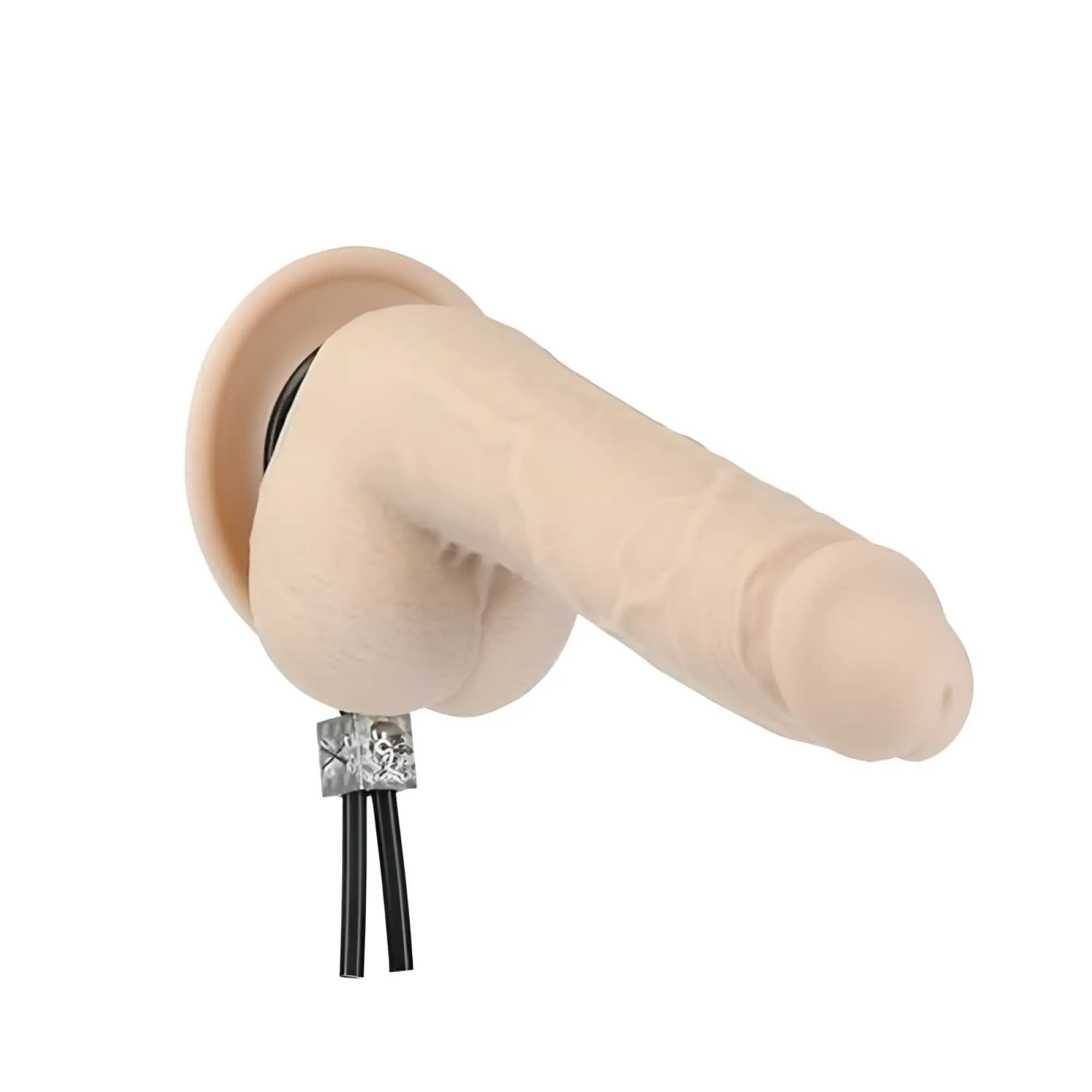 Beige silicone male masturbator with circular base and black cables for LUX active tether adjustable cock tie