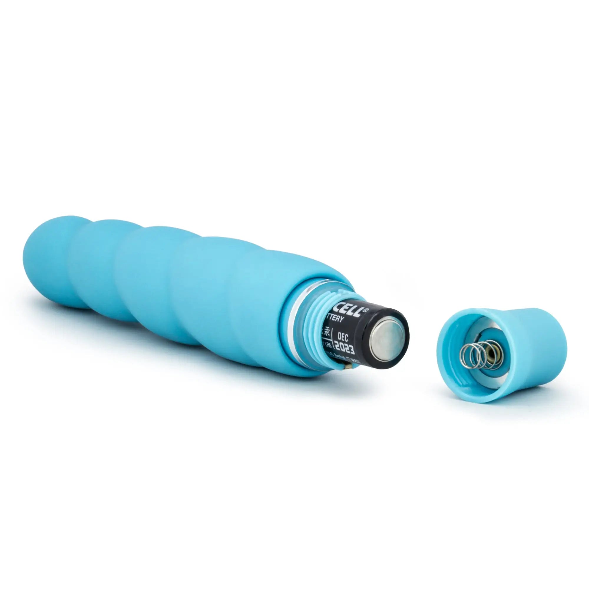 Light blue twisted silicone-handled personal pleasure device with visible battery compartment luxe anastasia aqua