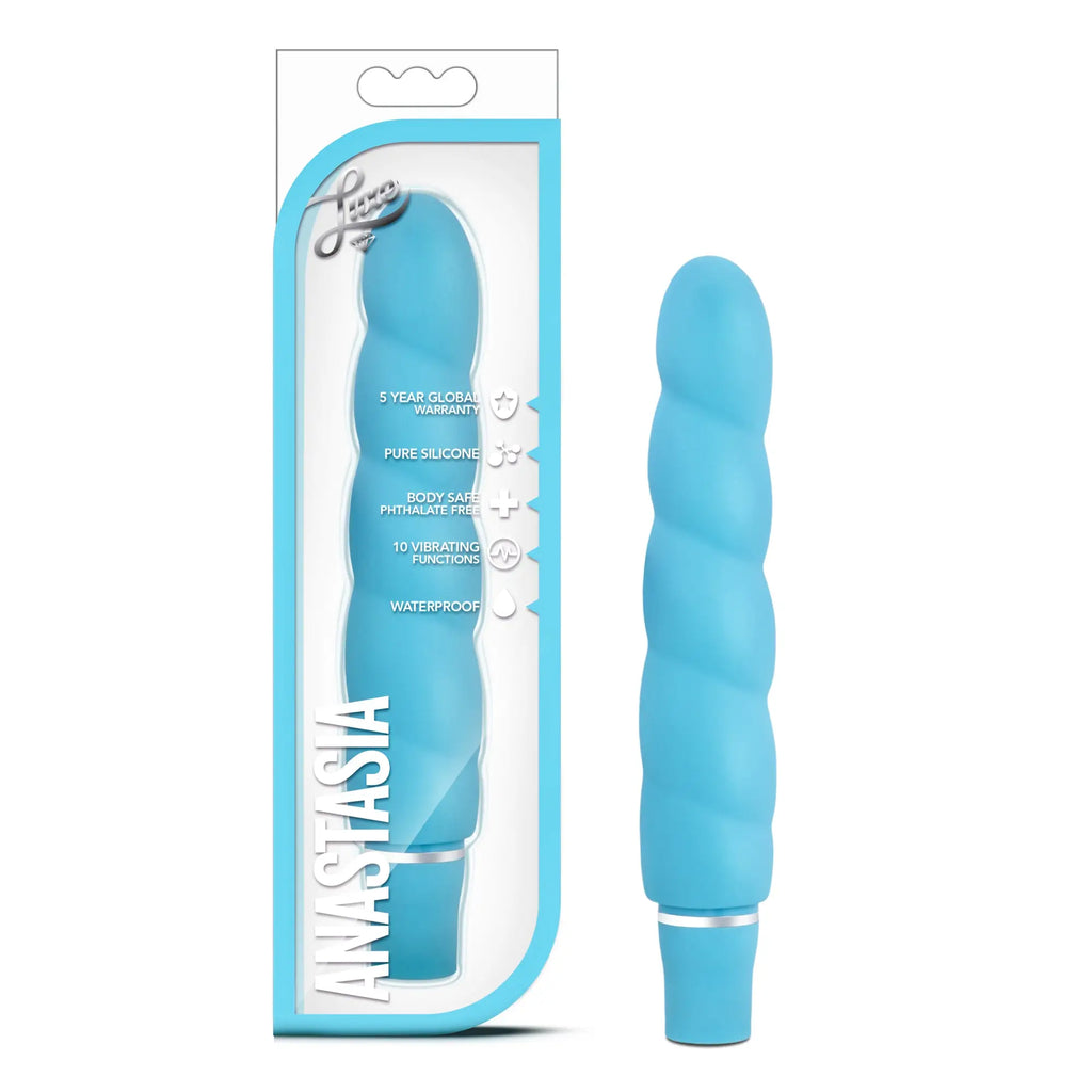 Luxe luxe anastasia aqua light blue twisted-textured silicone vibratory toy with silver accent ring at the base