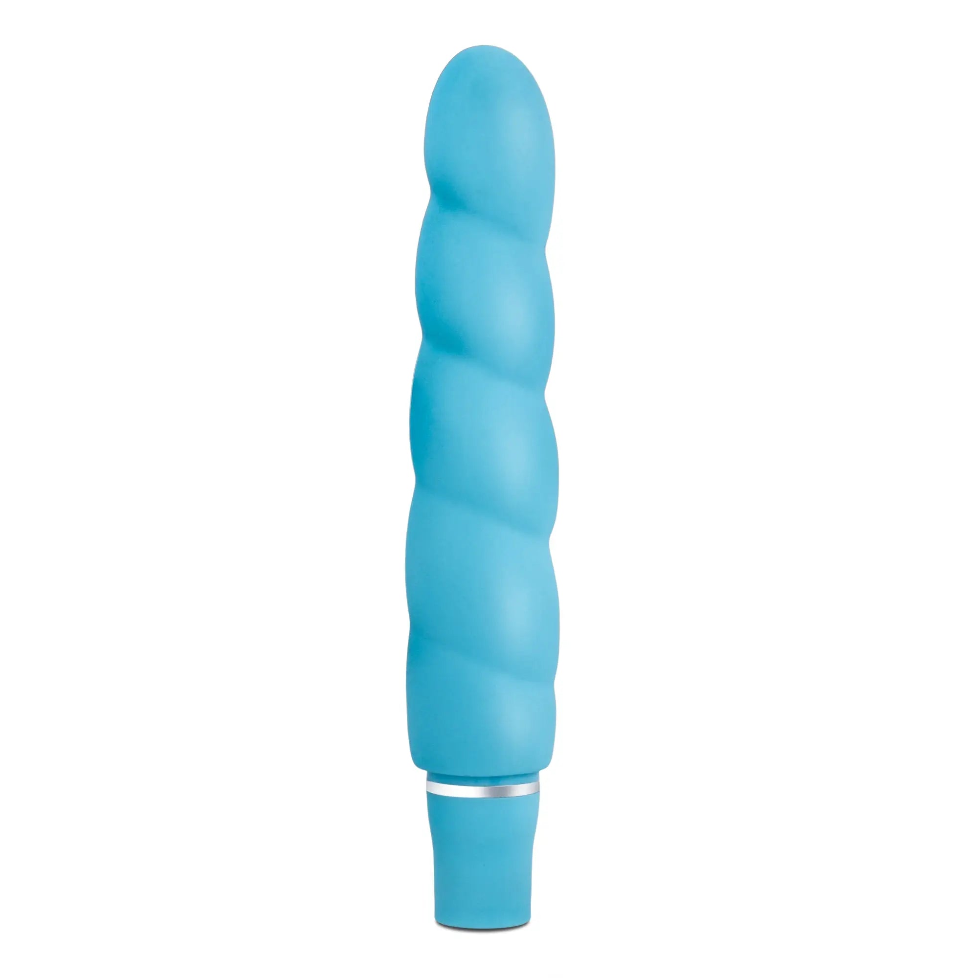 A sleek light blue silicone Luxe Luxe Anastasia Aqua toy with twisted design and a silver metallic band near the base