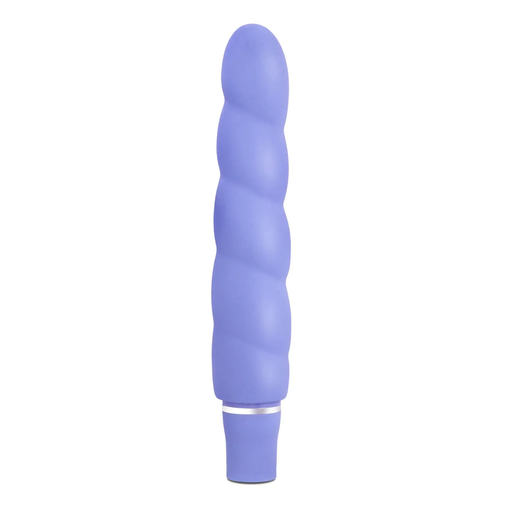 Luxe Luxe Anastasia Periwinkle purple silicone vibrator with twisted spiral design and silver metallic band near base