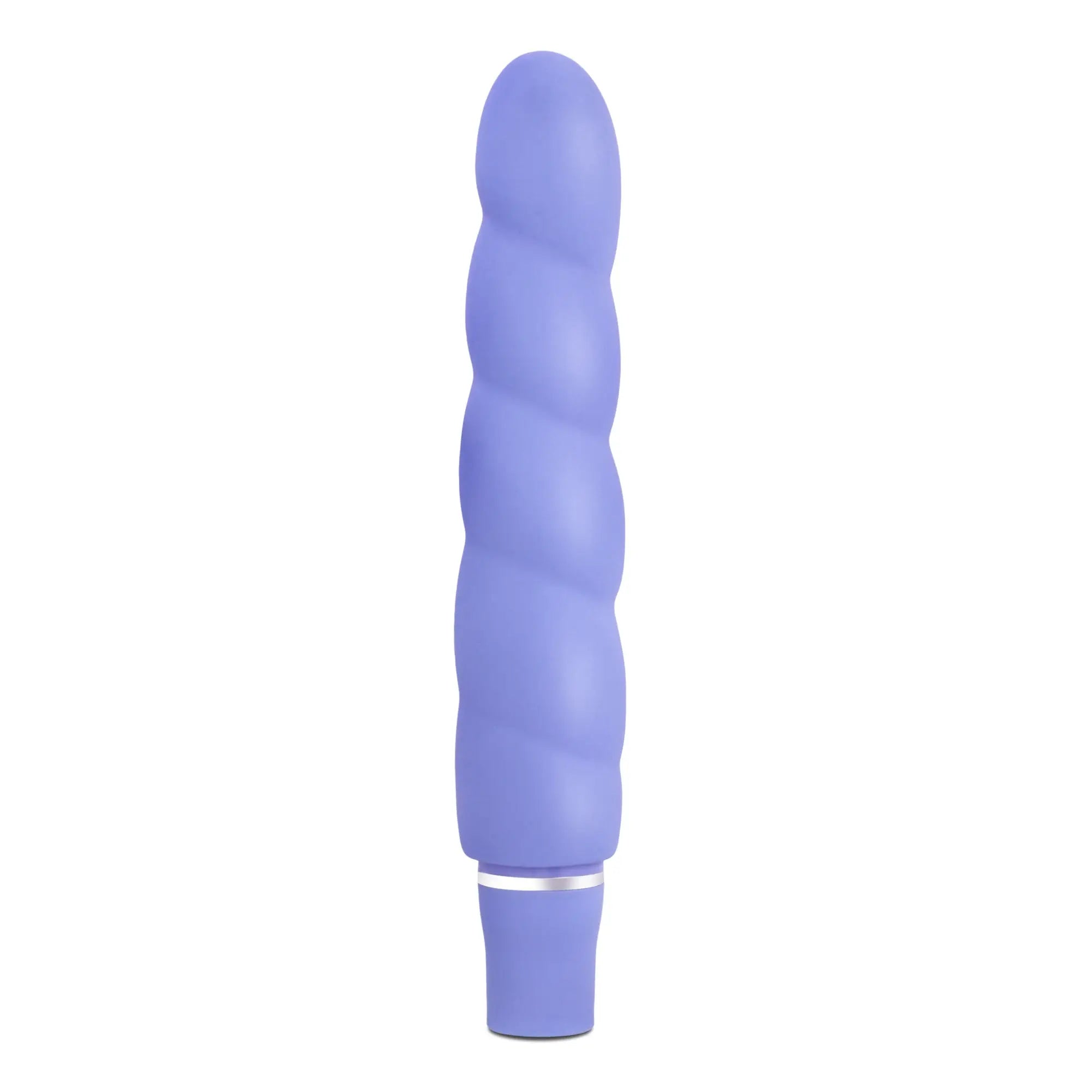 Luxe Luxe Anastasia Periwinkle purple silicone vibrator with twisted spiral design and silver metallic band near base